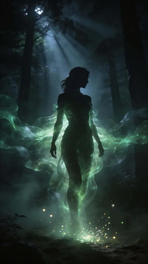 Female silhouette in dark forest