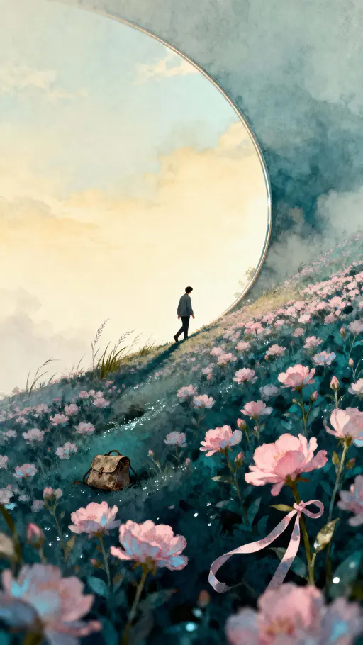 Figure on Curved Flower Slope at Dusk