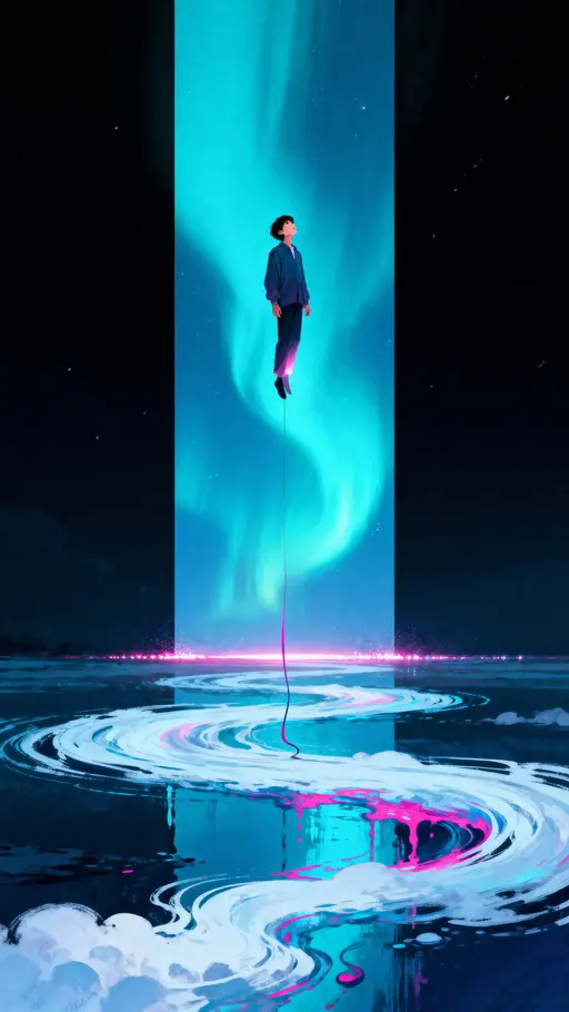 Figure Rising into Neon Aurora