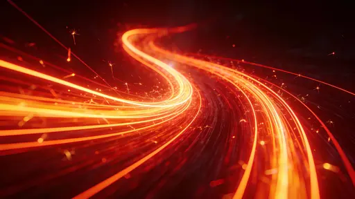 Filament cascade of neon red-orange ribbons