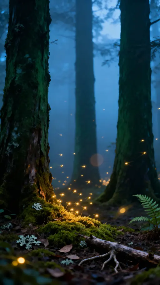 Fireflies hovering over forest floor