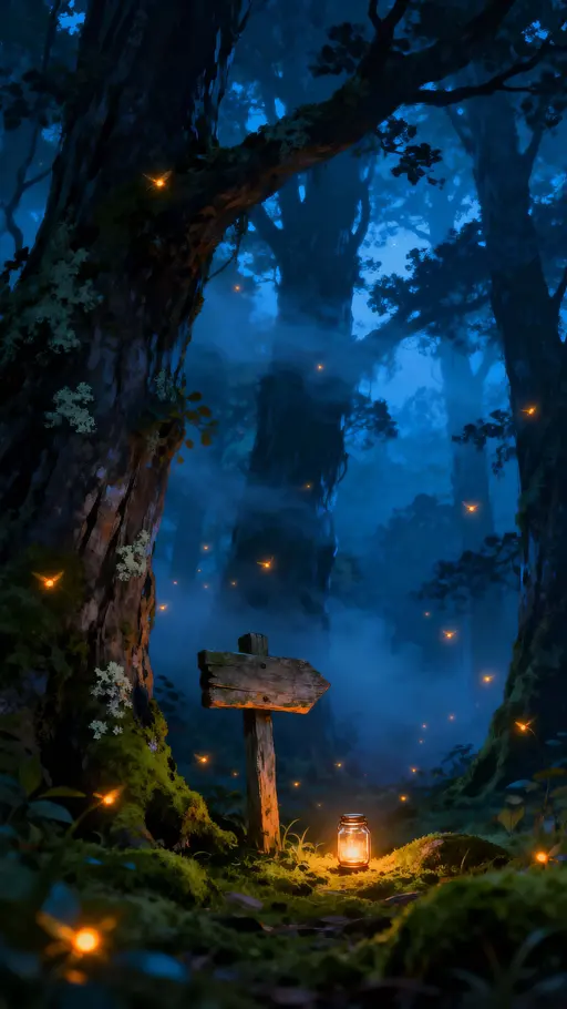 Fireflies in Foggy Forest Night