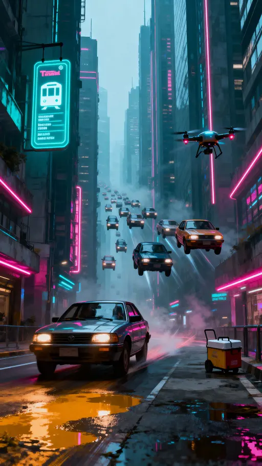 Floating Cars in Neon Cityscape