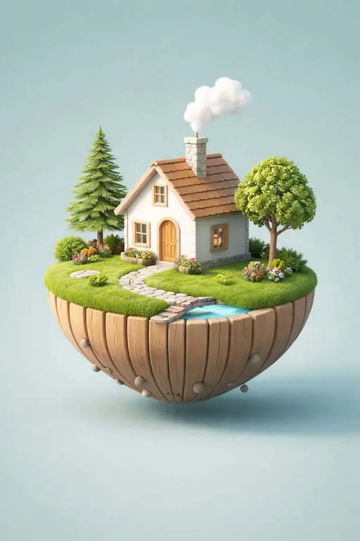 Floating Miniature Cottage Diorama 3D Render