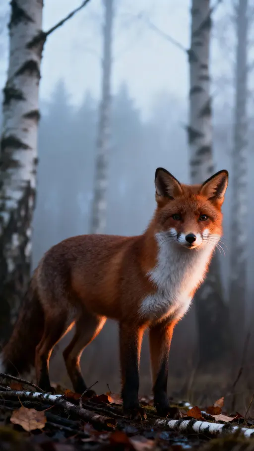 Fox in misty birch glade