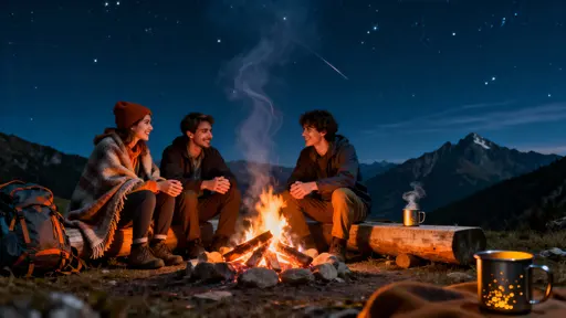 Friends by campfire under stars