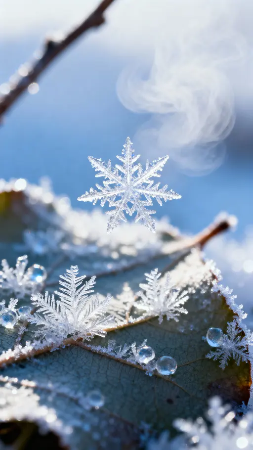 Frost-crystal rosette on shaded leaf