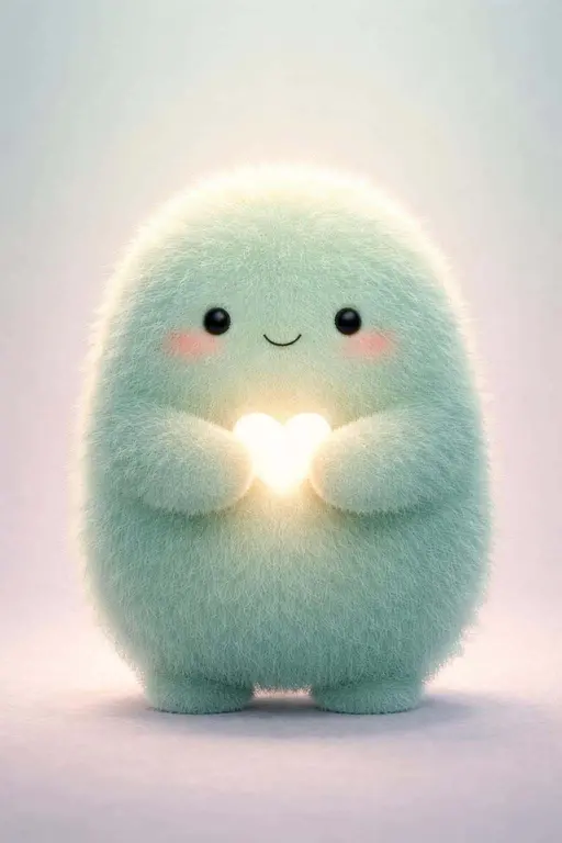 Fuzzy mint creature holding glowing heart 3D render