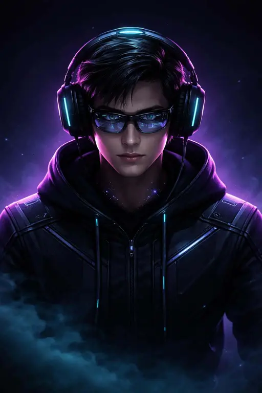 Gamer character portrait with neon digital accents