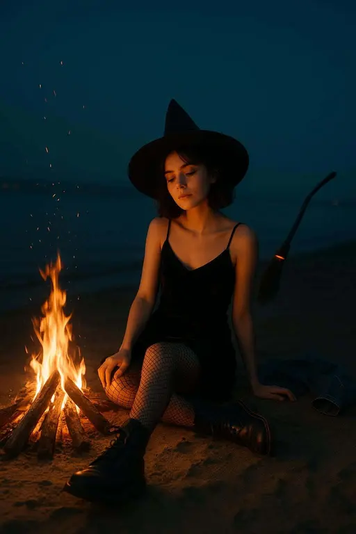 Gen-Z witch at bonfire beach