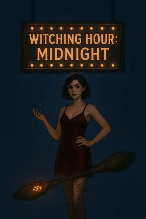 Gen-Z witch beneath marquee letters