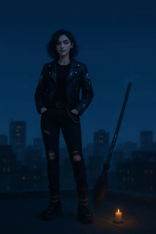 Gen-Z witch on city rooftop