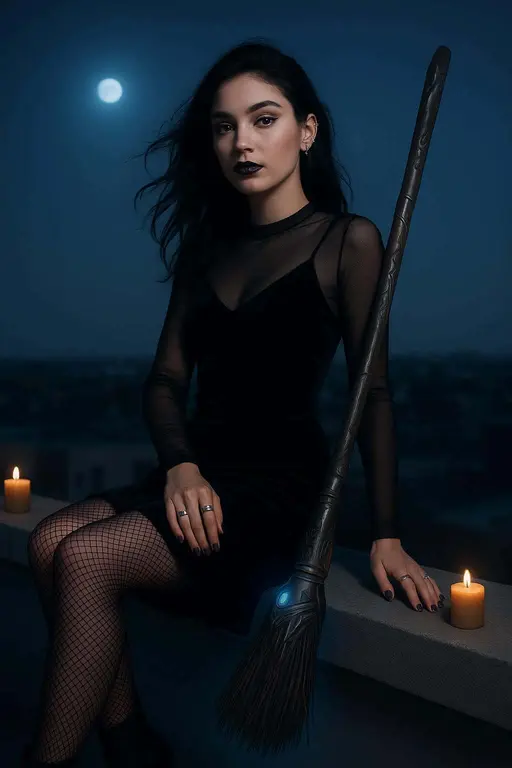 Gen-Z witch on rooftop ledge