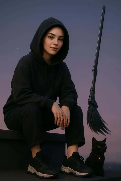 Gen-Z witch on rooftop parapet