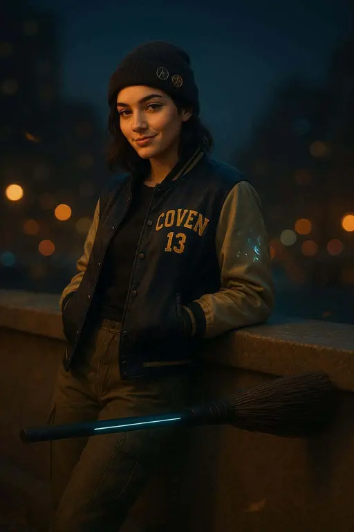 Gen-Z Witch on Rooftop Parapet