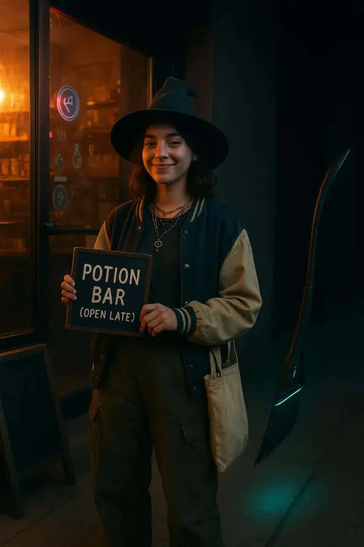 Gen-Z witch outside urban bodega