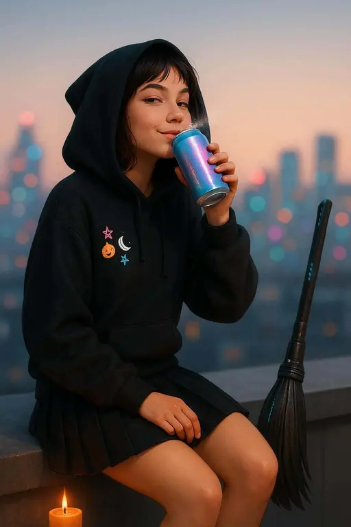Gen-Z witch sipping potion soda