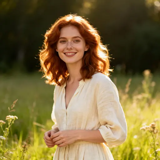 Ginger-haired woman in sunlit coastal meadow