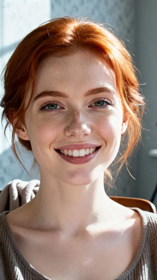 Ginger-haired woman smiling portrait photograph