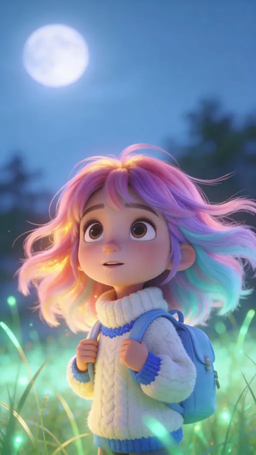 girl with pastel hair in moonlit grass