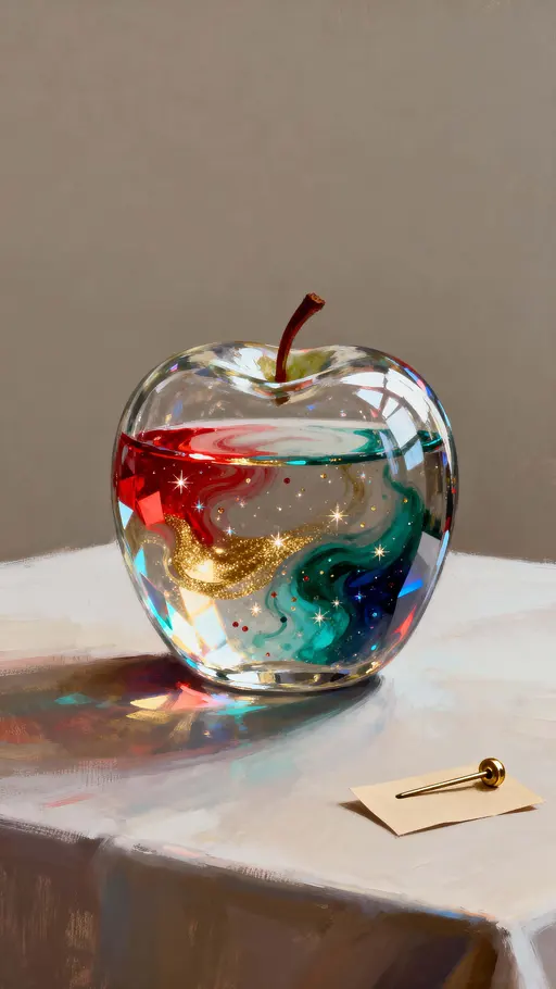 Glass apple with swirling prism liquid