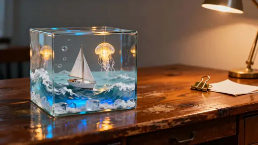 Glass cube with miniature ocean