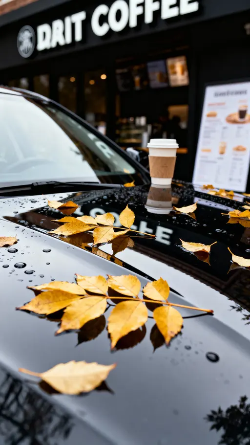 Glossy Car Hood with Golden Leaves