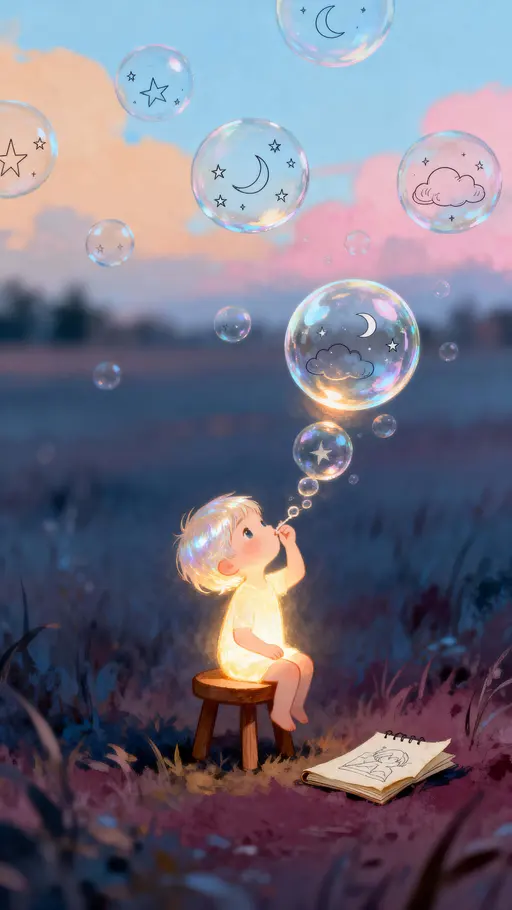 Glowing child blowing doodle bubbles