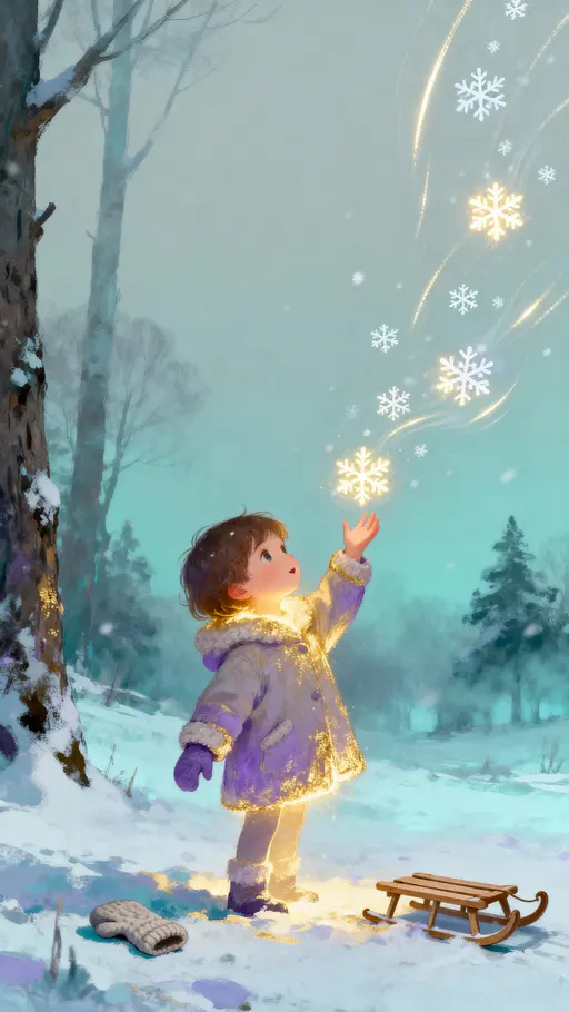 Glowing child catching doodle snowflakes