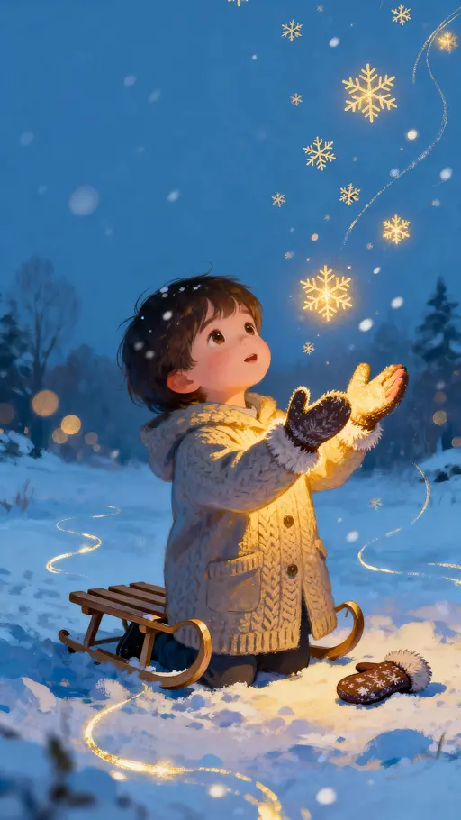 Glowing child catching doodle snowflakes in snow