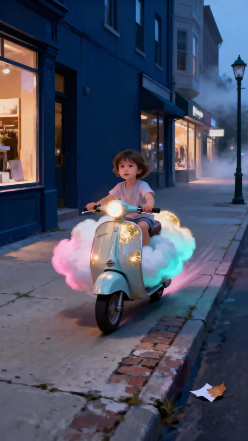 Glowing child on cloud scooter