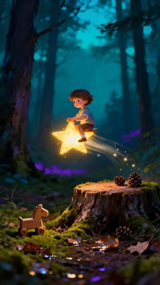 Glowing child on falling star