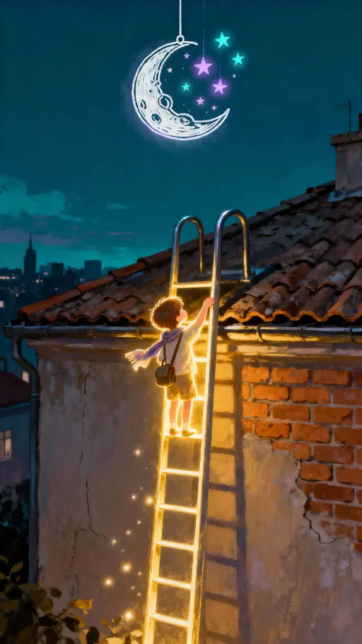 Glowing child on rooftop ladder