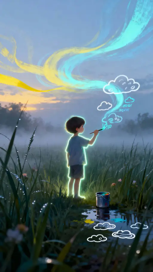 Glowing child painting doodle-clouds