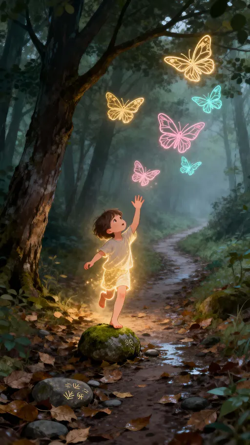 Glowing Child Reaching Butterflies