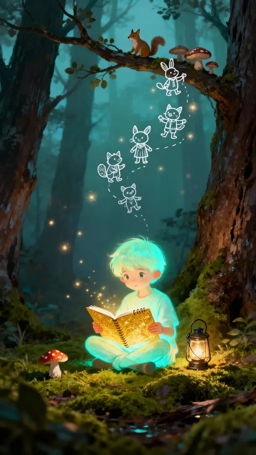 Glowing child reading in forest