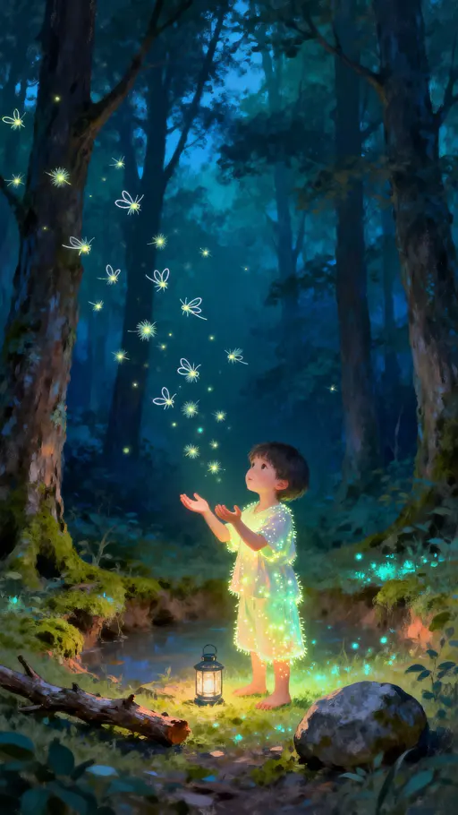 glowing child releasing fireflies