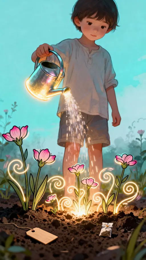 Glowing child watering light garden