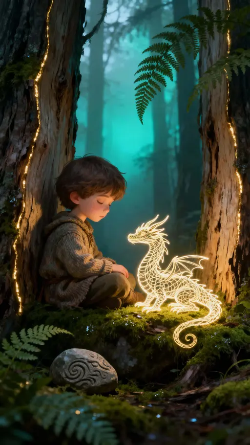 Glowing child with line-art dragon