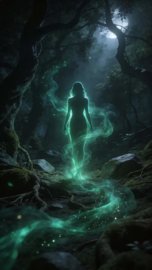 Glowing female silhouette in dark forest