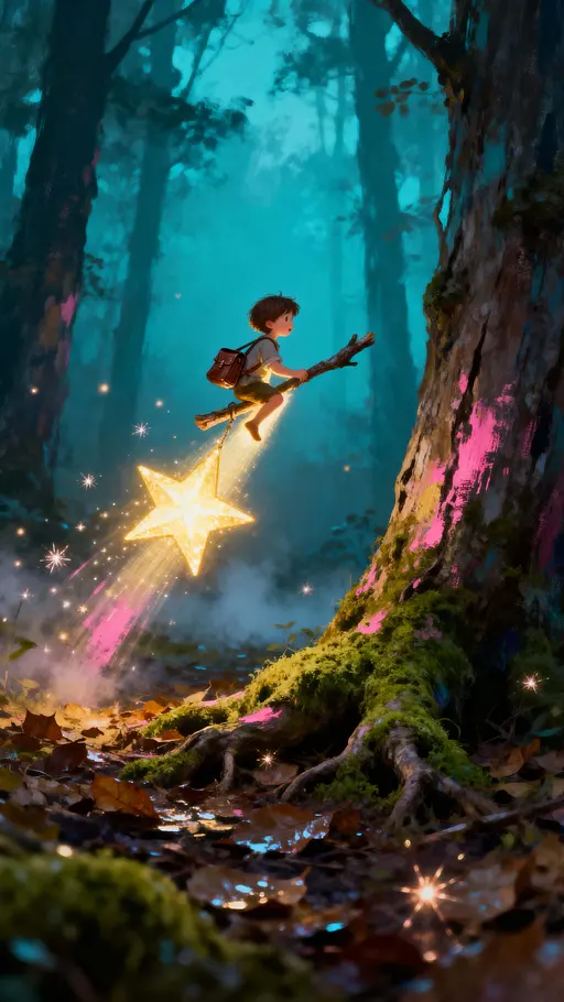 Glowing kid on falling star