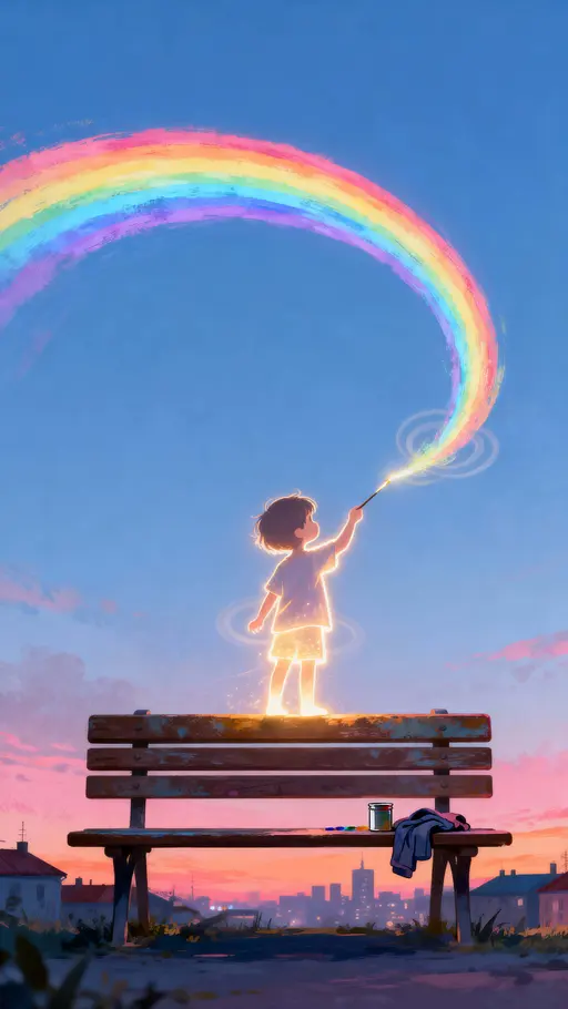Glowing kid painting sky rainbow