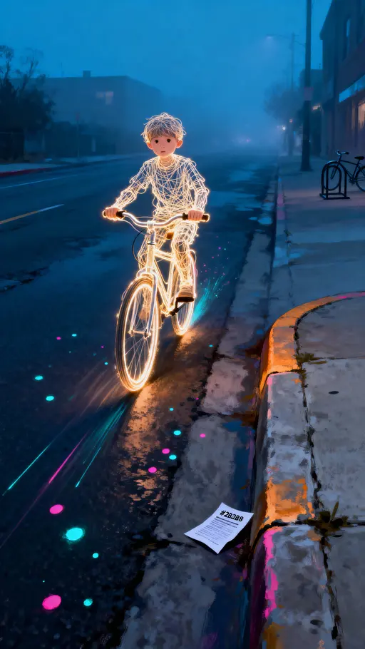Glowing-line child cycling through city