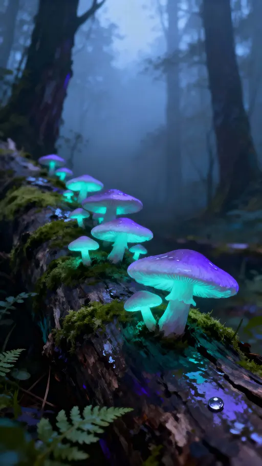 Glowing Mushrooms in Misty Forest Portrait