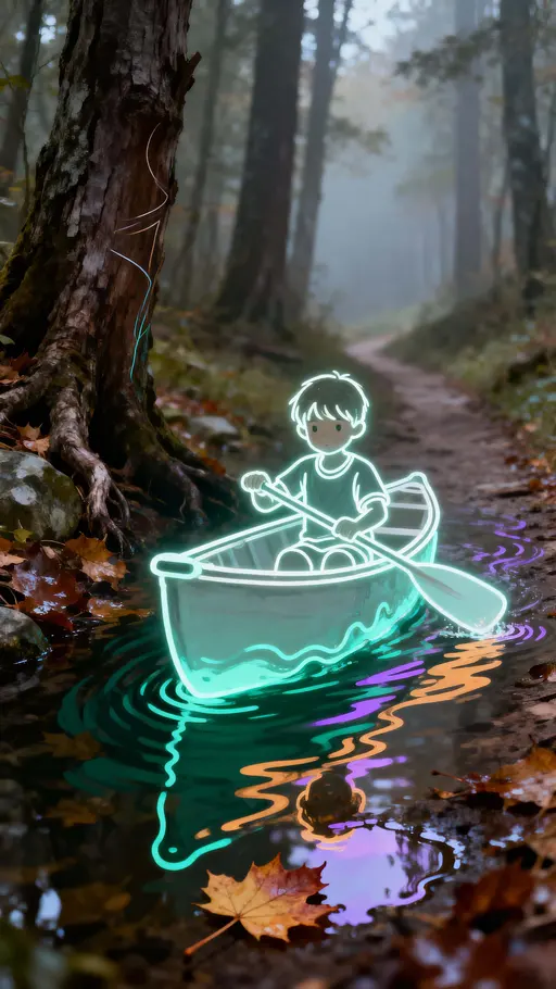 Glowing-outline child in doodle canoe
