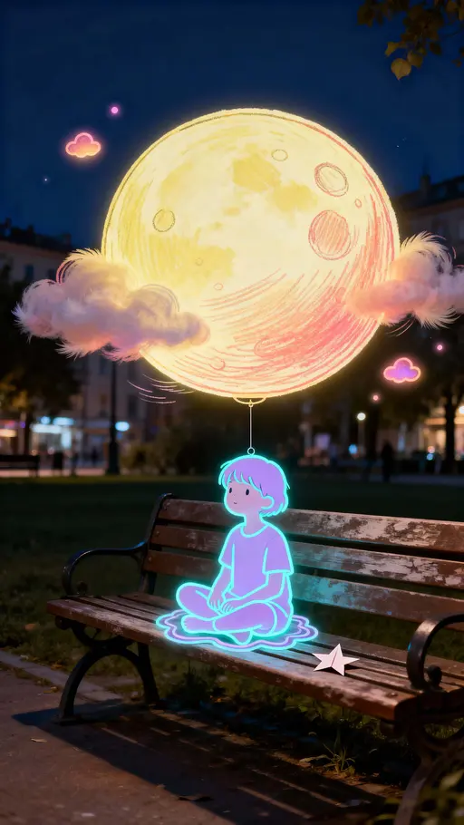Glowing outline child on doodle moon