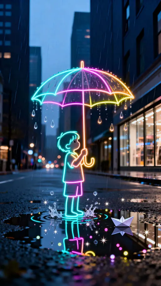 Glowing-outline child with neon umbrella