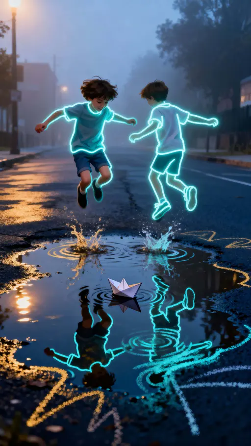 Glowing-outline children in puddle jump