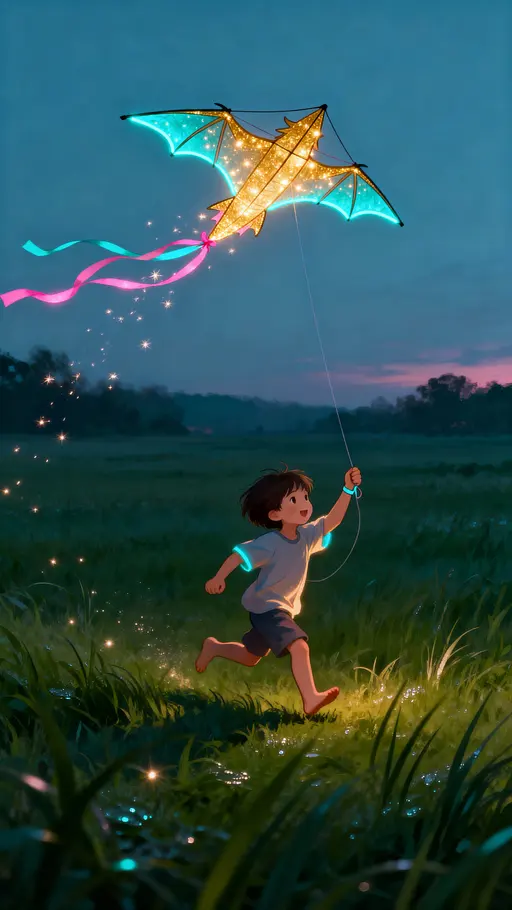 Glowing-outline kid with dragon kite