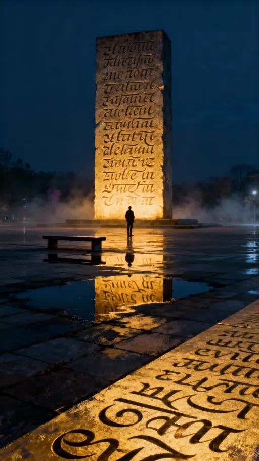 Glowing-text Monolith before Figure